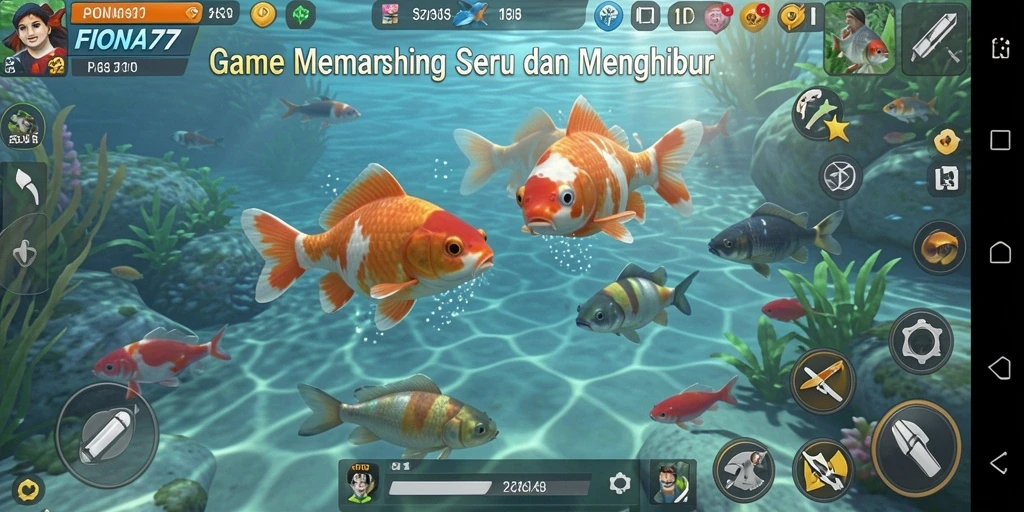 Screenshot gameplay FIONA77 dengan ikan yang sedang ditangkap.