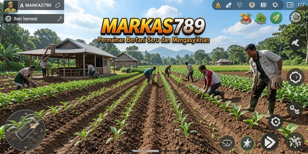 Tampilan gameplay MARKAS789 dengan berbagai jenis tanaman dan peternakan yang aktif.