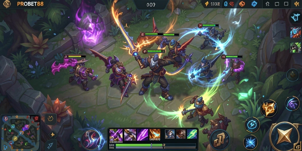 Tangkapan layar gameplay dari PROBET88 menunjukkan pertempuran seru di arena MOBA.