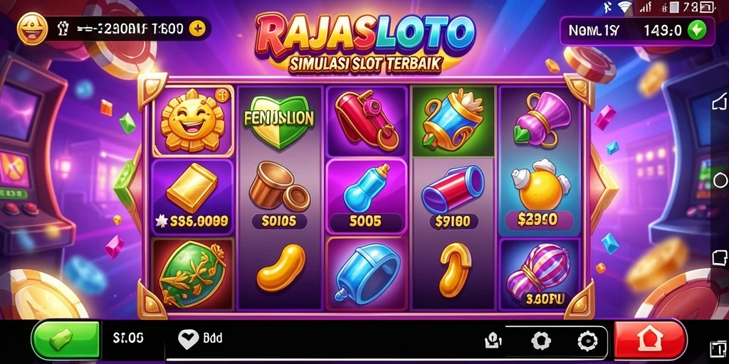 Screenshot permainan RAJASLOTO yang menarik dan penuh warna.