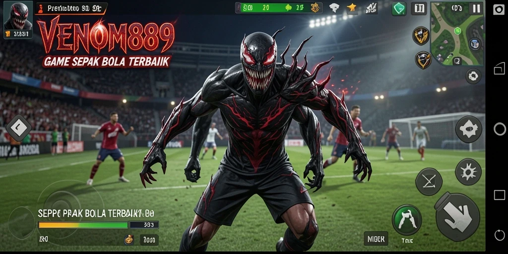 Tangkapan layar gameplay <strong>VENOM889</strong> yang menunjukkan aksi seru di lapangan sepak bola.