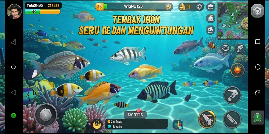 Tangkapan layar utama WISNU123 menampilkan gameplay tembak ikan yang menggembirakan.